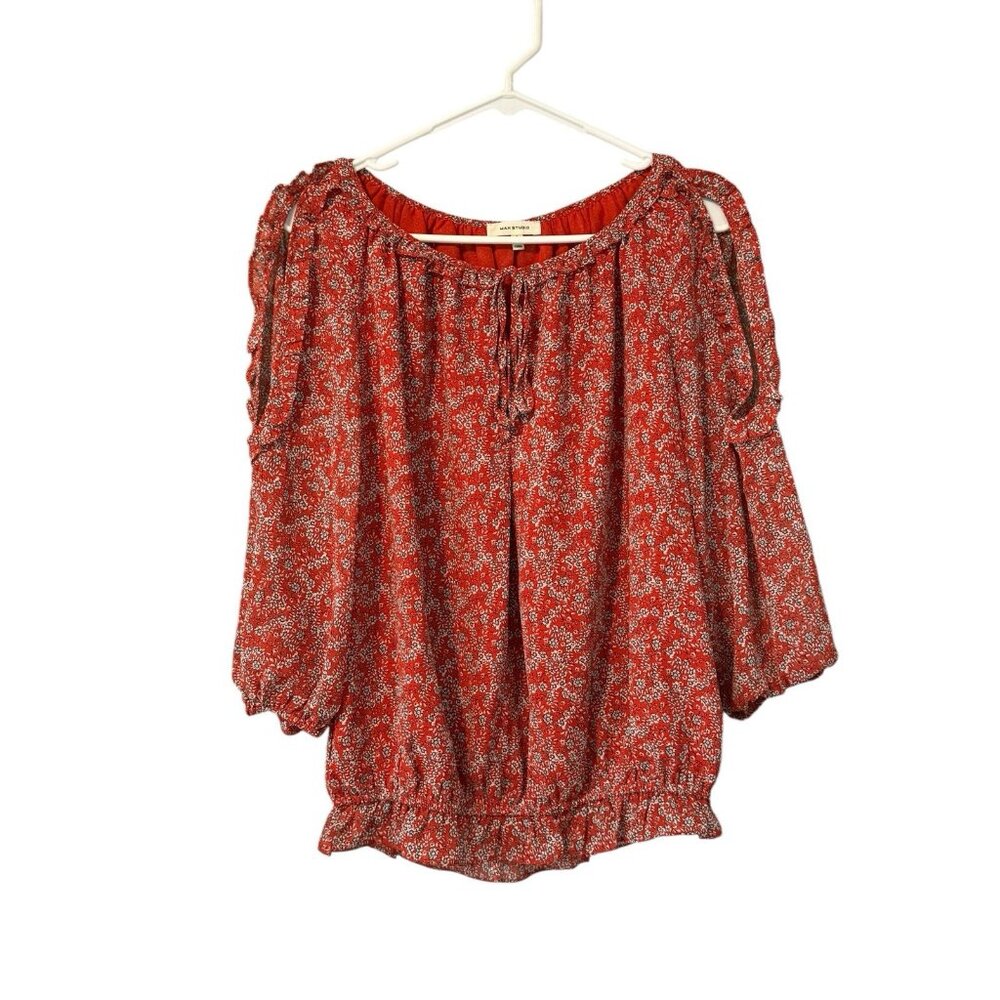 Max Studio Plus Size Small Red Floral Long Sleeve Peasant Blouse Cottagecore